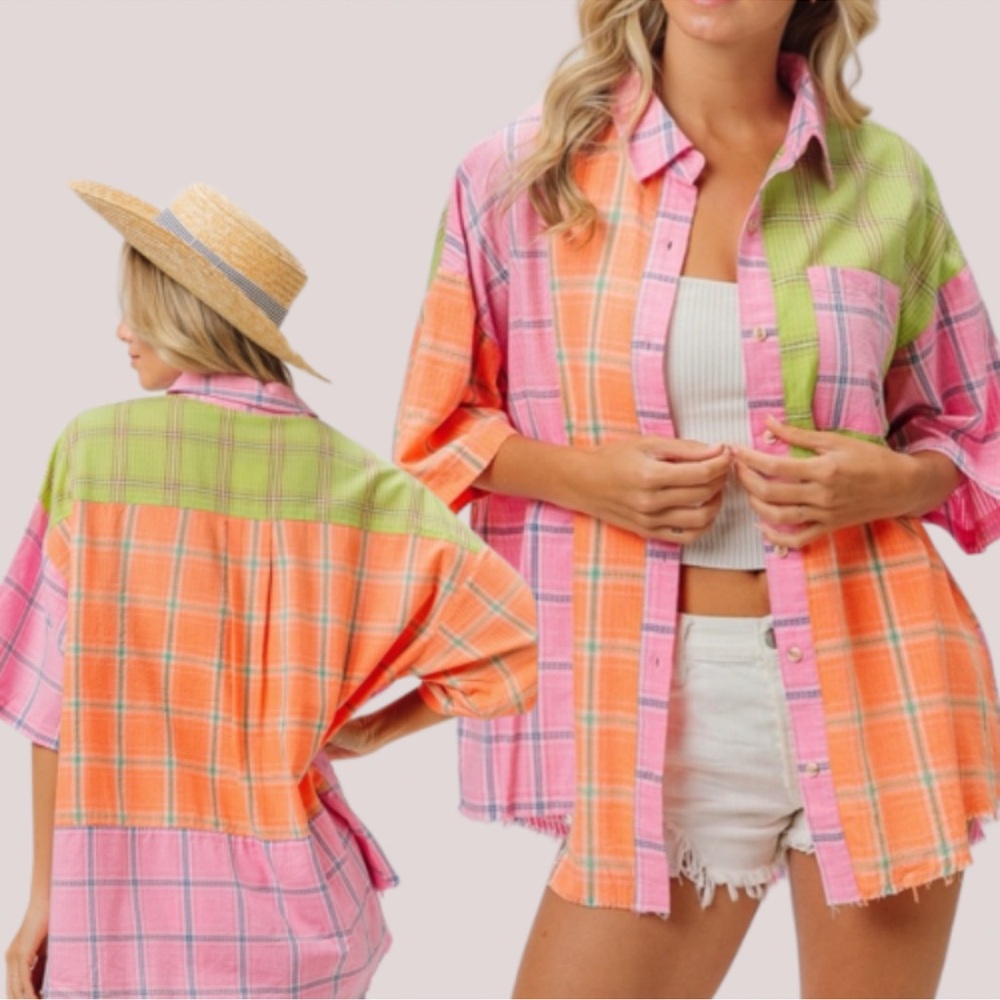 New BiBi Summer Plaid Collared Neck Half Sleeve Beachy Button Down Shirt